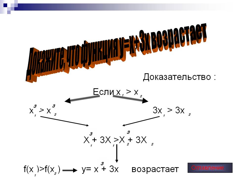 Докажите, что функция y=x+3x возрастает