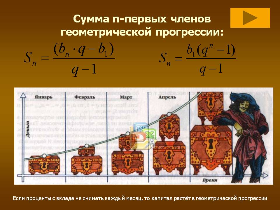 Сумма n-первых членов геометрической прогрессии: