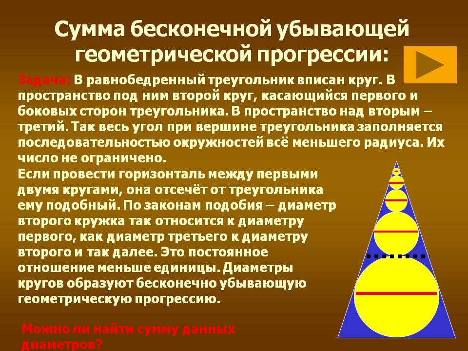 Сумма бесконечной убывающей геометрической прогрессии: