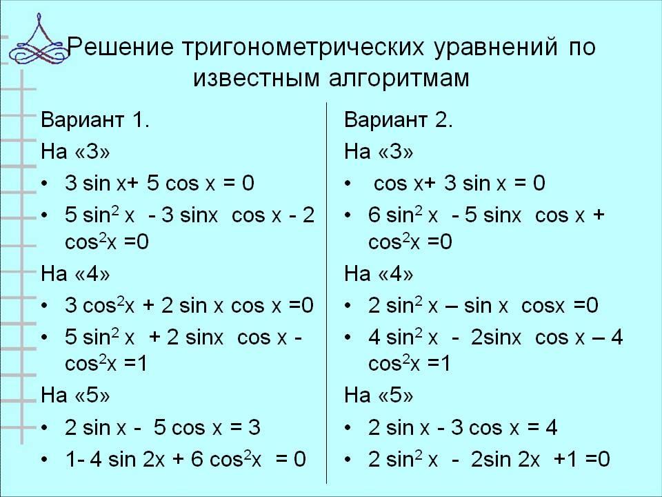 Решение тригонометрических уравнений по известным алгоритмам