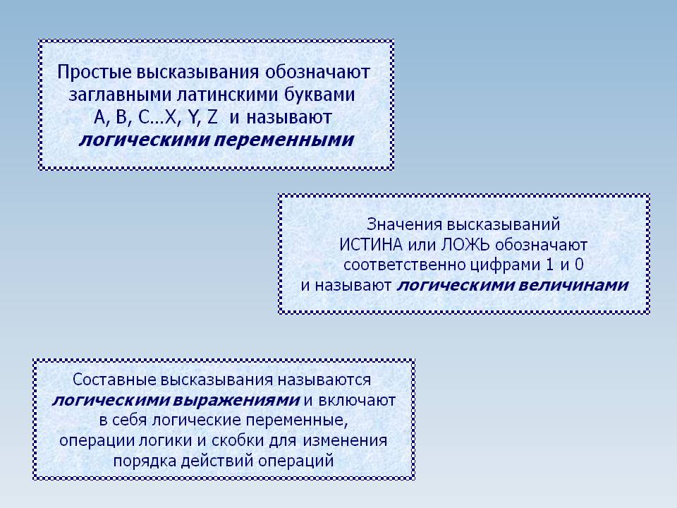 Простые высказывания обозначают заглавными латинскими буквами A, B,