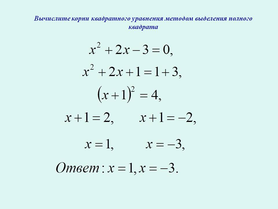 Вычислите корни квадратного уравнения методом выделения