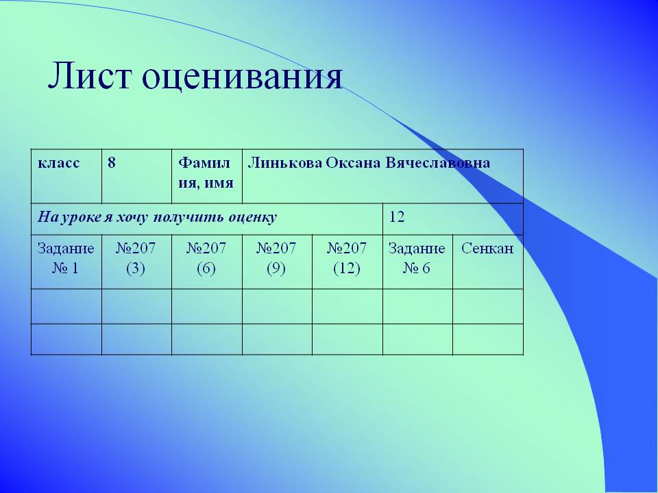 Лист оценивания