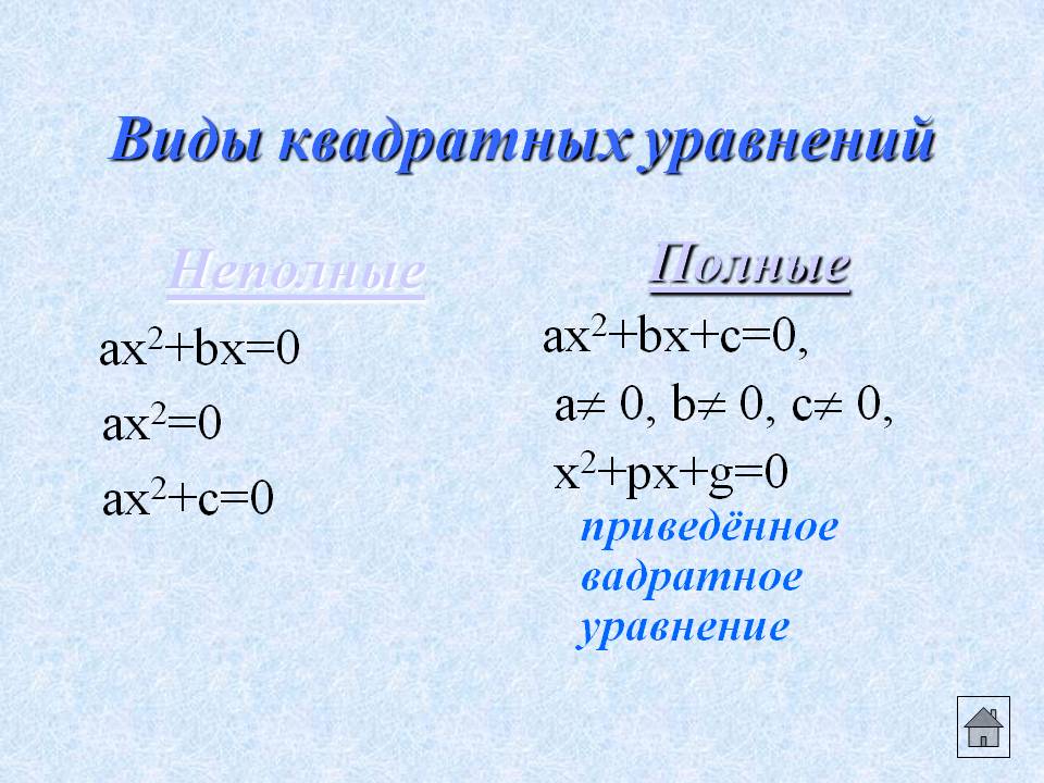 Виды квадратных уравнений