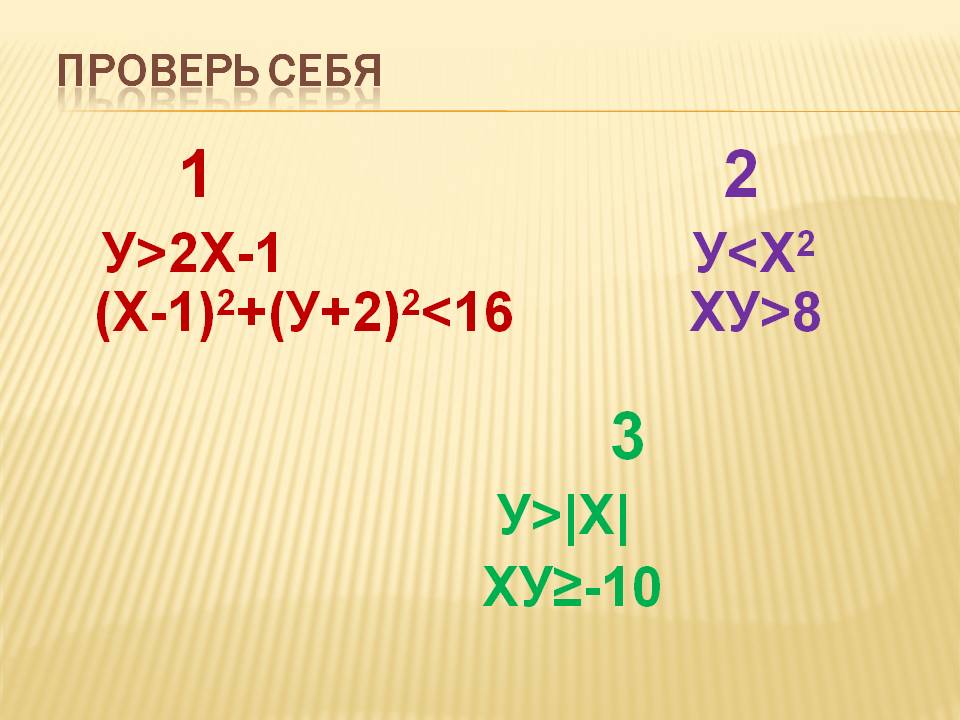 1 2 у>2х-1 у<х2 (х-1)2+(у+2)2<16 ху>8 3 у>|х| ху