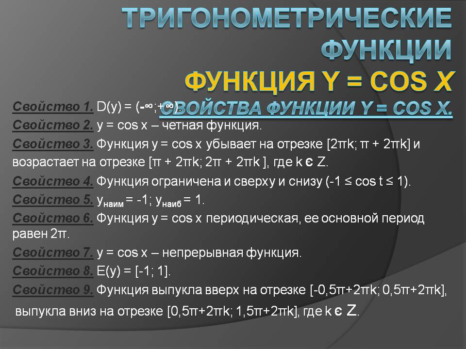 Тригонометрические функции Функция y = cos x Свойства функции y = cos