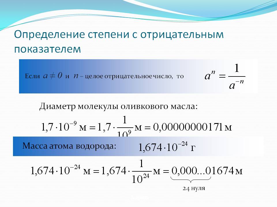 Определение степени с отрицательным показателем