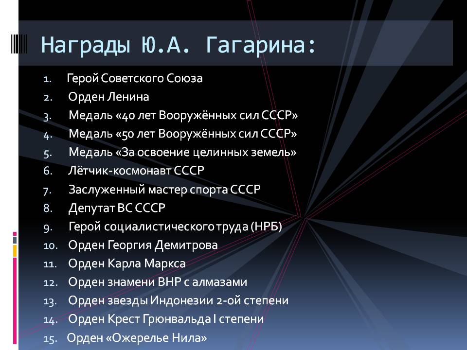 Награды Ю.А. Гагарина: