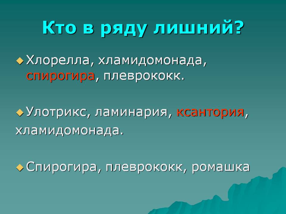 Улотрикс, ламинария, ксантория, хламидомонада