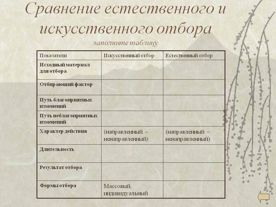 Сравнение естественного и искусственного отбора заполните таблицу