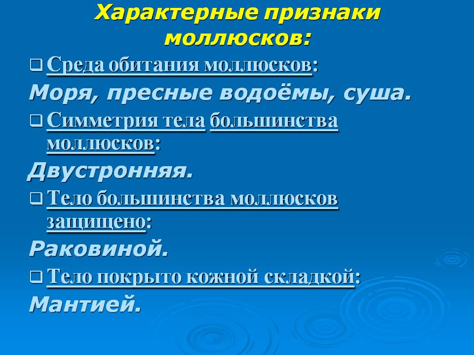 Характерные признаки моллюсков