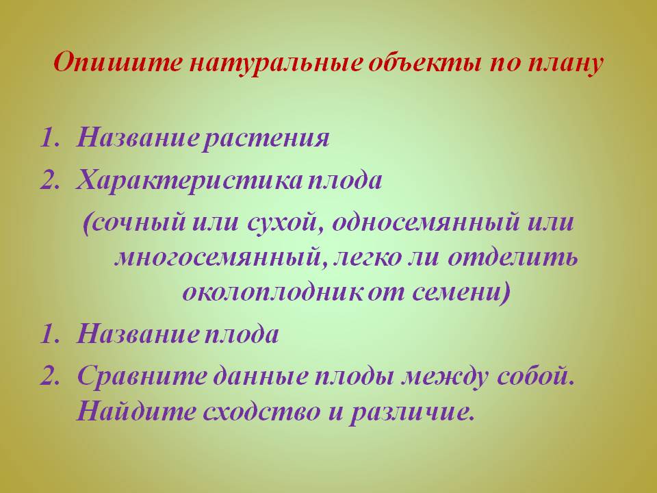 Опишите натуральные объекты по плану