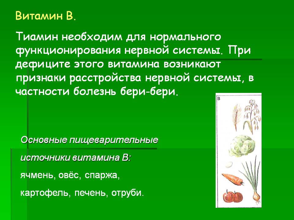 Витамин В. Тиамин необходим для нормального функционирования нервной