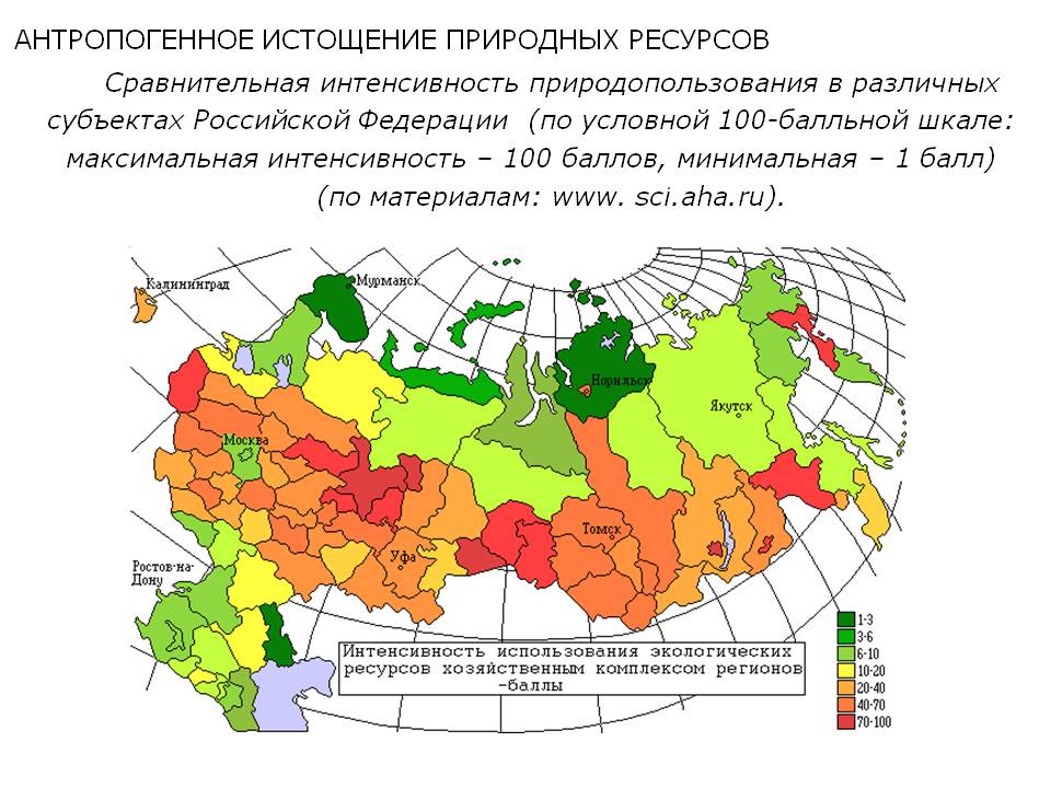 Сравнительная интенсивность природопользования в различных субъектах Российской Федерации