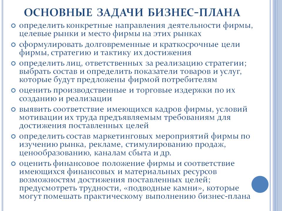 Основные задачи бизнес-плана