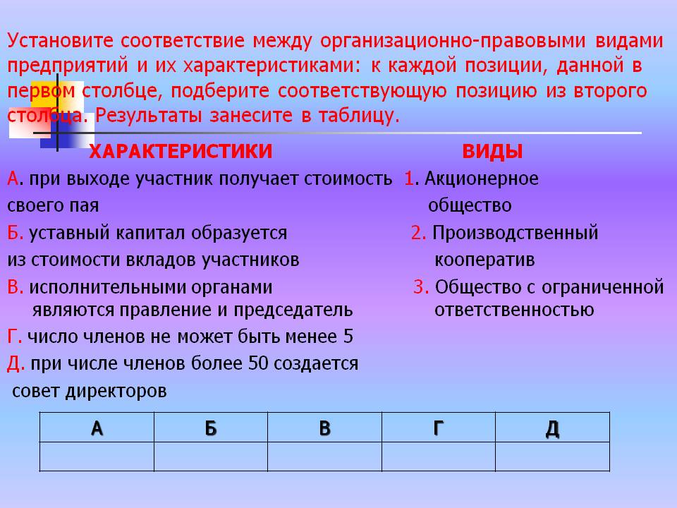 Установите соответствие
