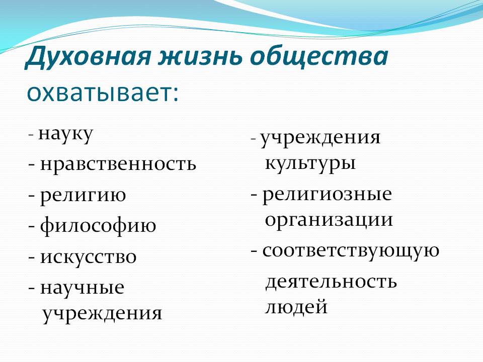 Духовная жизнь общества охватывает: