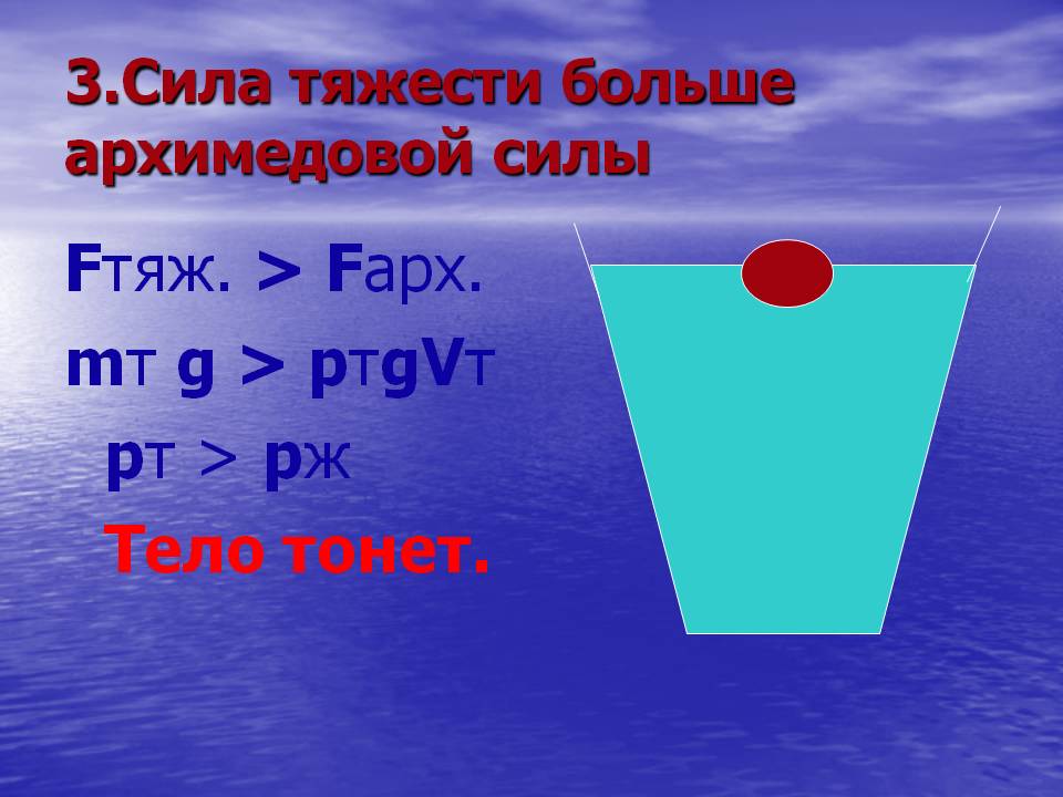 Сила тяжести больше архимедовой силы