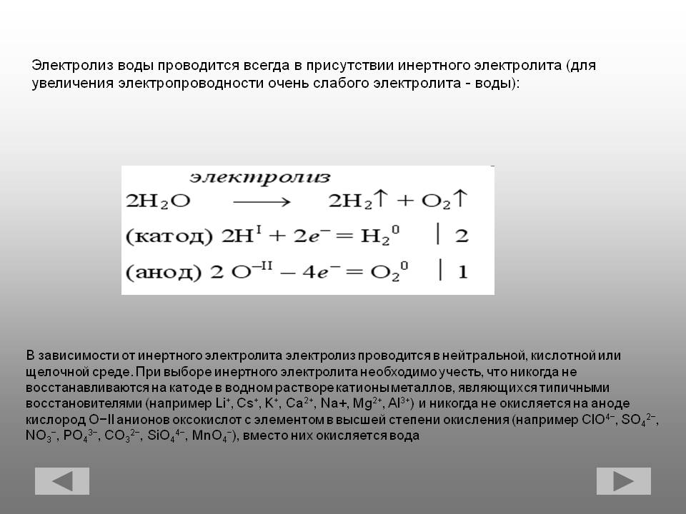 Электролиз воды проводится всегда в присутствии инертного электролита