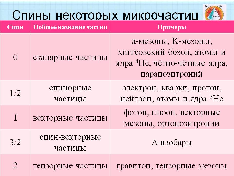 Спины некоторых микрочастиц