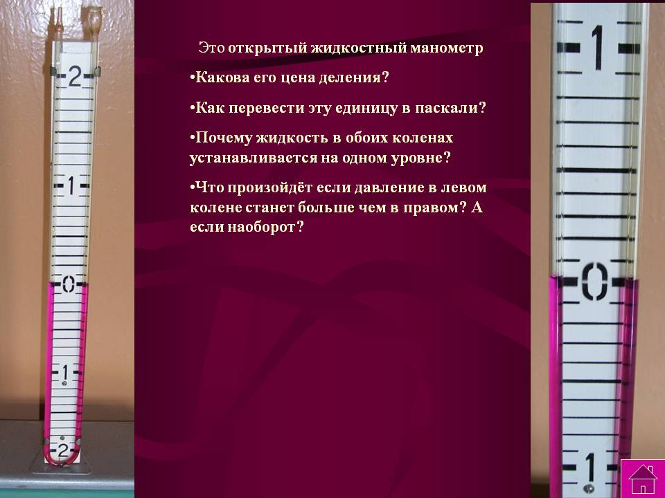 Это открытый жидкостный манометр Какова его цена деления