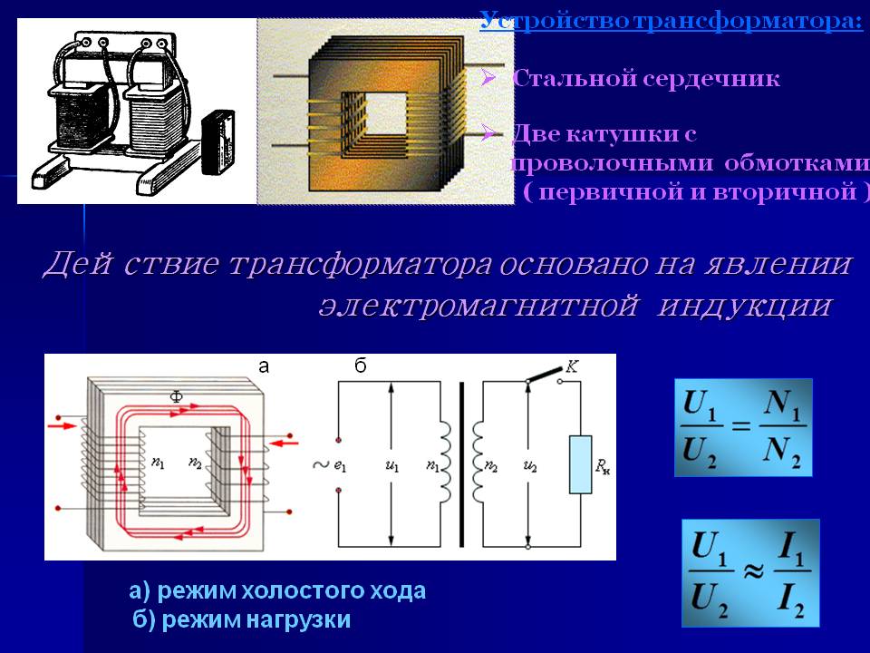 Действие трансформатора основано на явлении электромагнитной индукции
