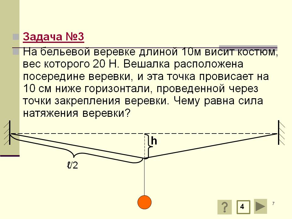 Задача №3 На бельевой веревке длиной 10м висит костюм, вес которого 20
