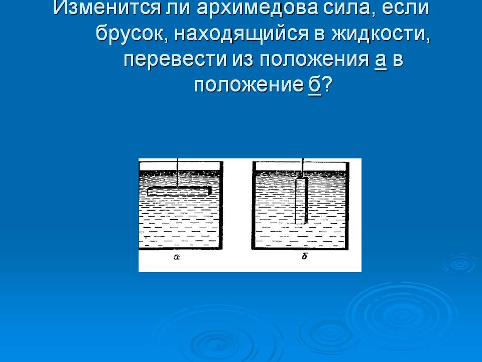 Изменится ли архимедова сила, если брусок, находящийся в жидкости,