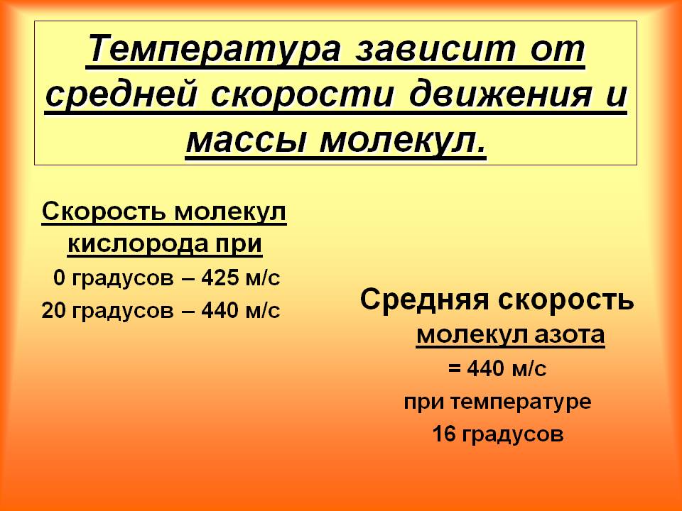 Температура зависит от средней скорости движения и массы молекул