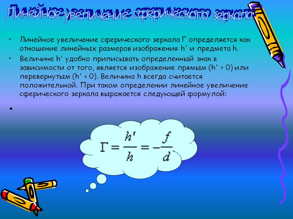 Линейное увеличение сферического зеркала 