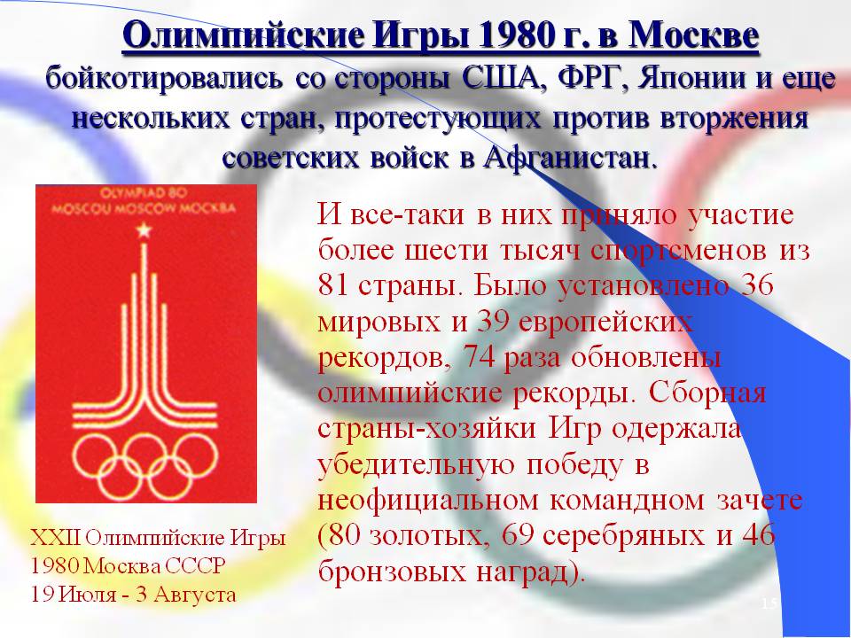 Олимпийские Игры 1980 г. в Москве бойкотировались со стороны США, ФРГ,