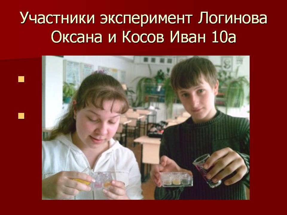 Участники эксперимент Логинова Оксана и Косов Иван 10а