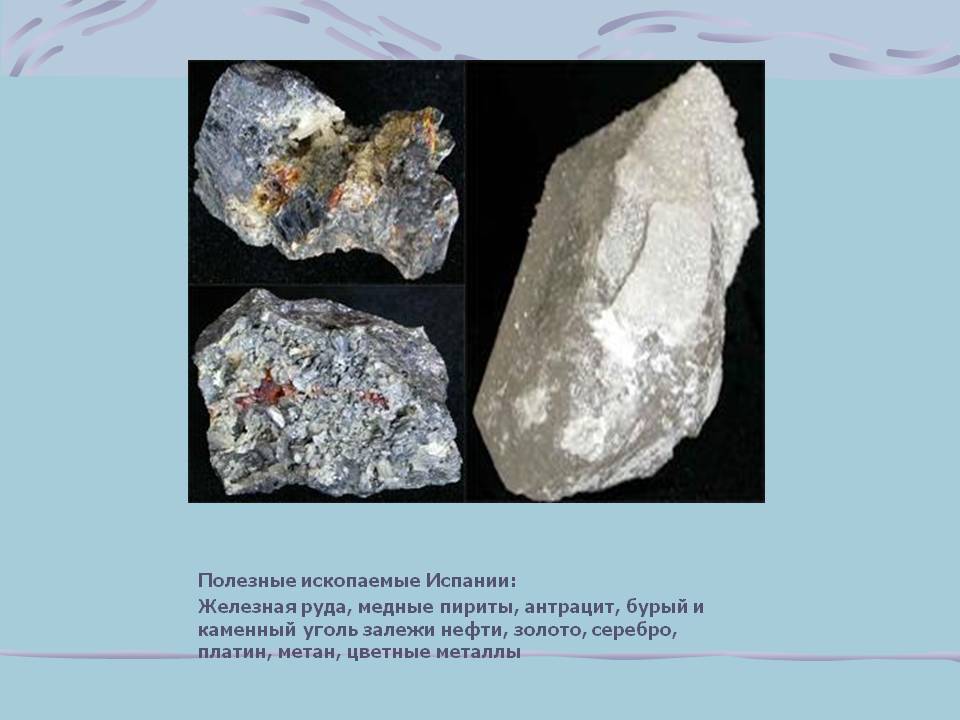 Полезные ископаемые Испании: Железная руда, медные пириты, антрацит,