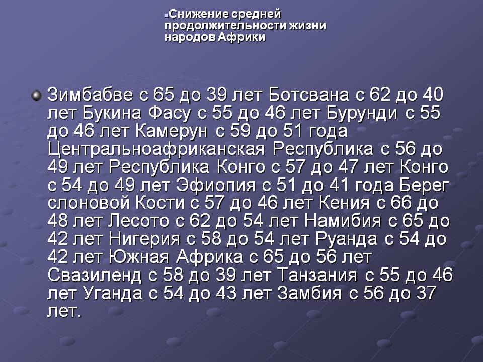 Снижение средней продолжительности жизни народов Африки