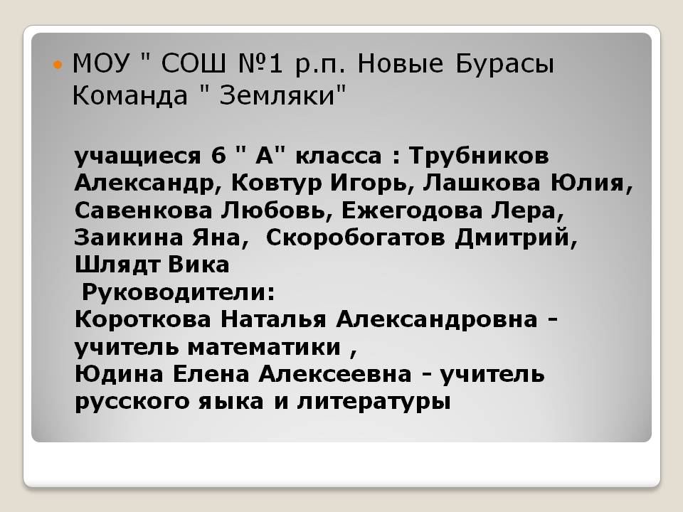 МОУ " СОШ №1 р.п. Новые Бурасы Команда " Земляки"
