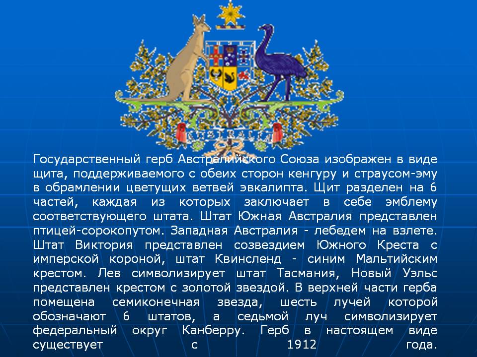 Государственный герб Австралийского Союза изображен в виде щита