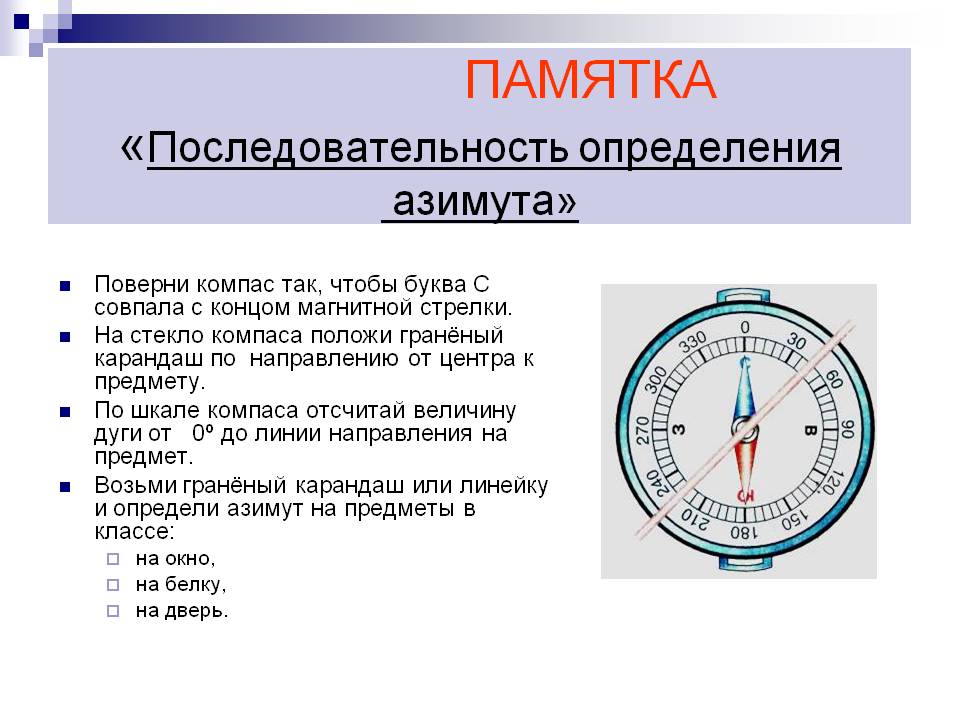ПАМЯТКА «Последовательность определения азимута»