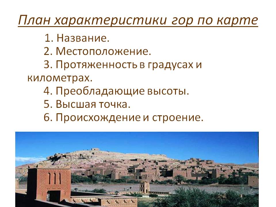План характеристики гор по карте