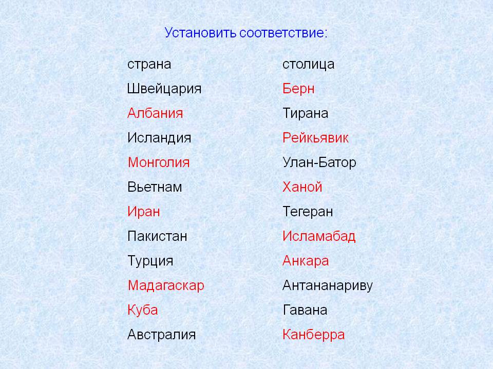 Установить соответствие: