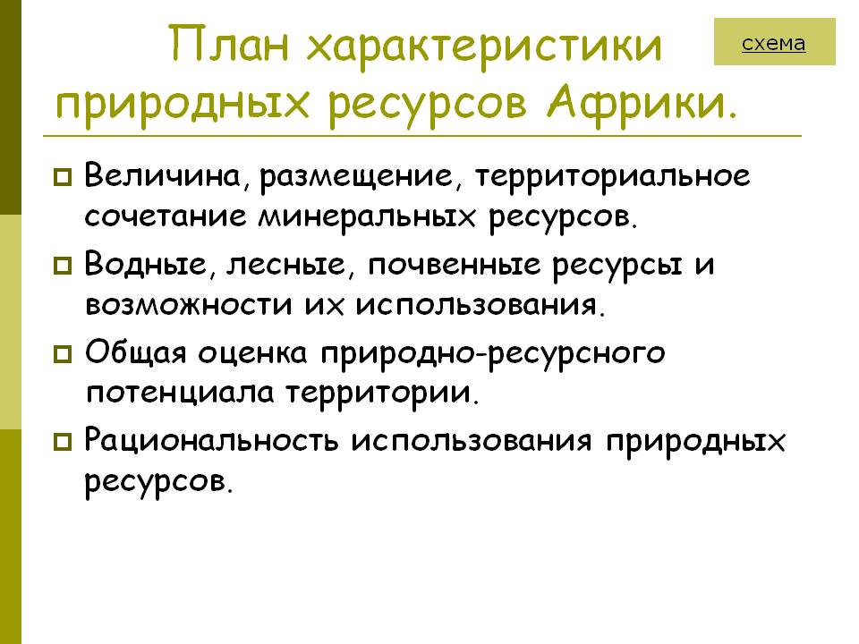 План характеристики природных ресурсов Африки
