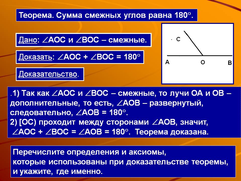 Сумма смежных углов равна 180