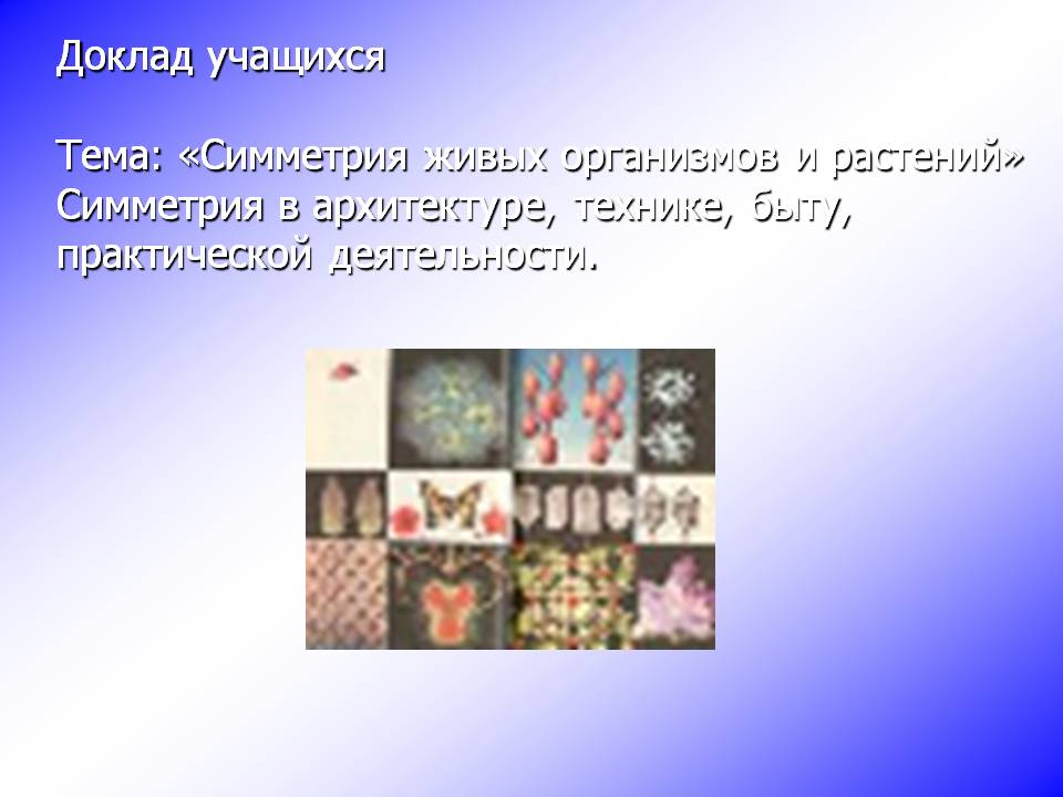 Доклад учащихся Тема: «Симметрия живых организмов и растений»
