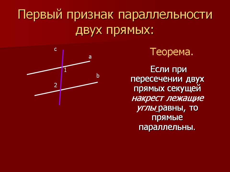 Первый признак параллельности двух прямых: