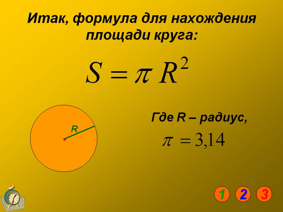 Итак, формула для нахождения площади круга: