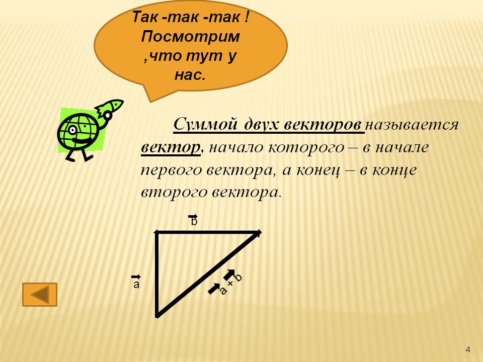 Суммой двух векторов называется вектор, начало которого – в начале