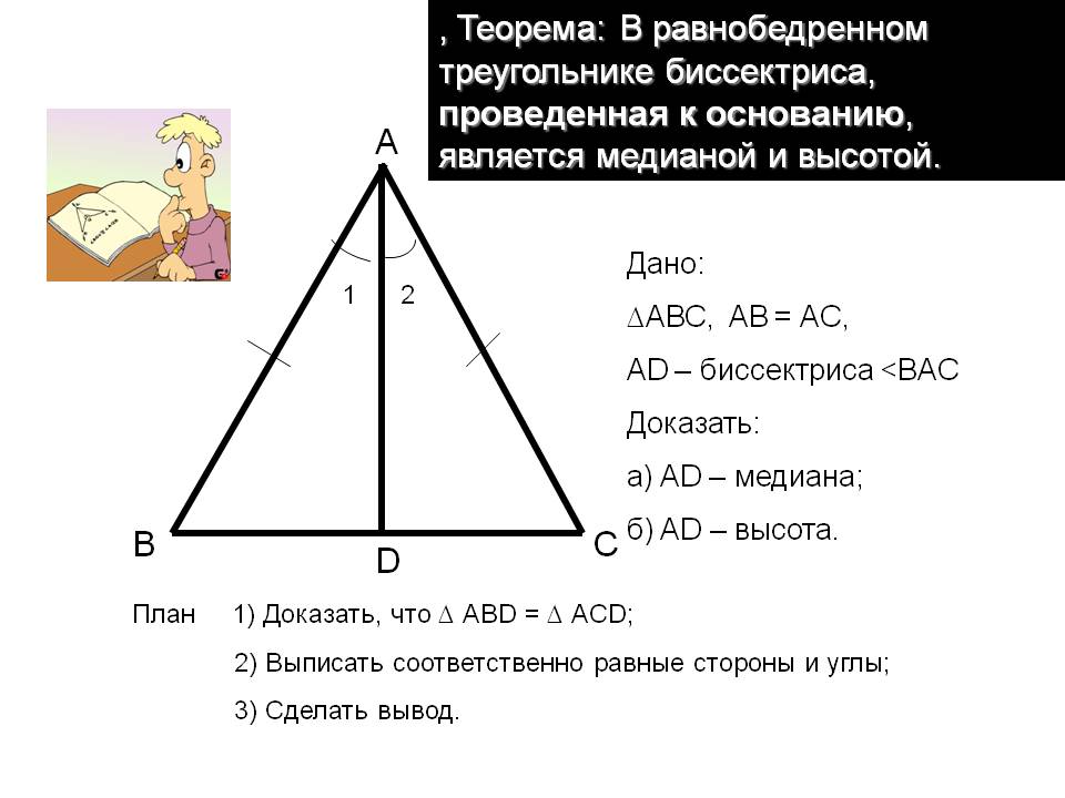 , Теорема: В равнобедренном треугольнике биссектриса, проведенная к