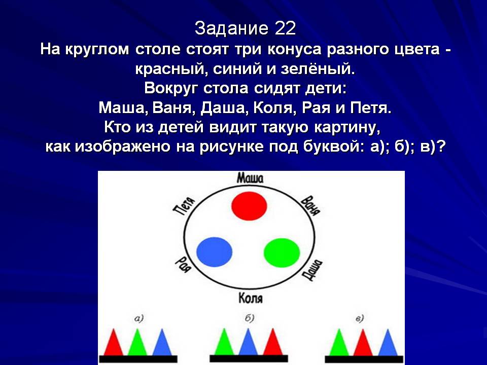 На круглом столе стоят три конуса разного цвета