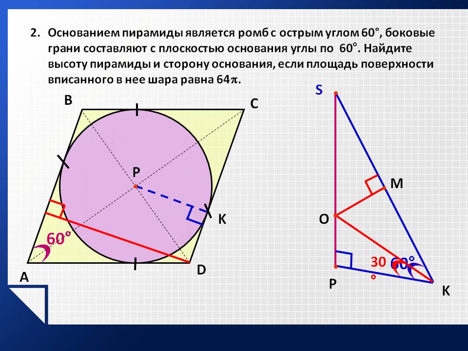 Основанием пирамиды является ромб с острым углом 60°