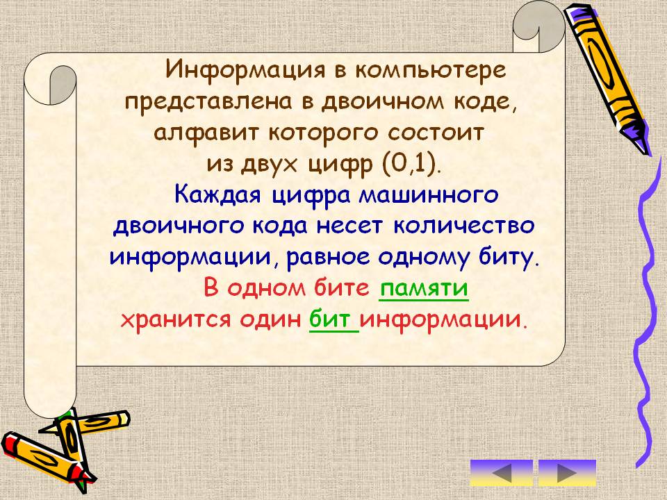 Информация в компьютере представлена в двоичном коде, алфавит которого