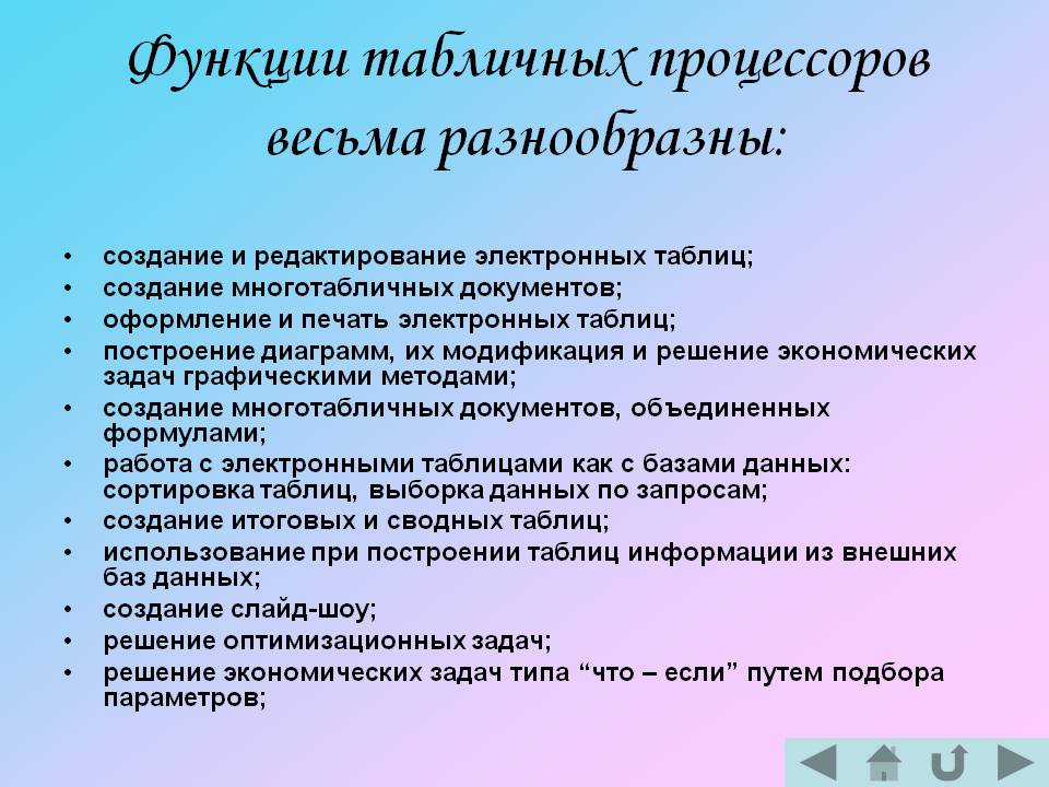 Функции табличных процессоров весьма разнообразны: